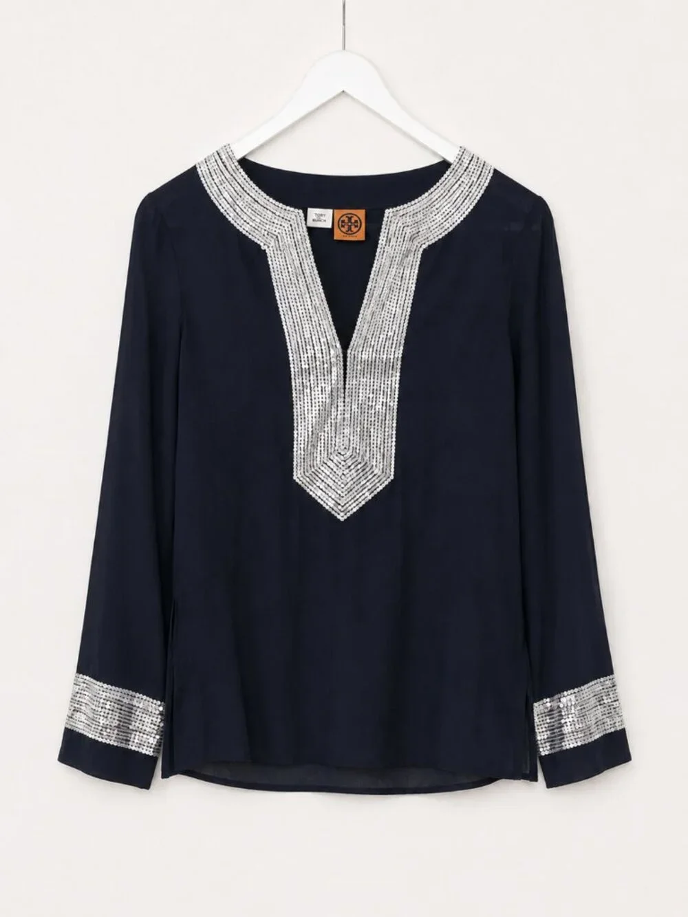 Tory Burch Silver Sequin & Navy Blue Long Sleeve Tunic Top
